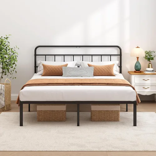 Miniatura 8 de Base de cama Queen con cabecera clásica, fuerte soporte de listones de metal, espacio de almacenamiento debajo de la cama, no necesita somier, fácil