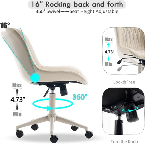 Miniatura 3 de YOUNIKE Silla de escritorio de oficina en casa con ruedas, silla de tocador sin brazos con respaldo cómoda y moderna tapizada de cuero, silla Crema