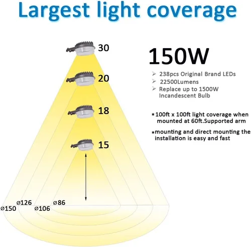 Miniatura 4 de Luz LED de granero 150W, luz de patio al aire libre del atardecer al amanecer con fotocélula súper brillante 22,500lm 5000K luz diurna, reemplazo