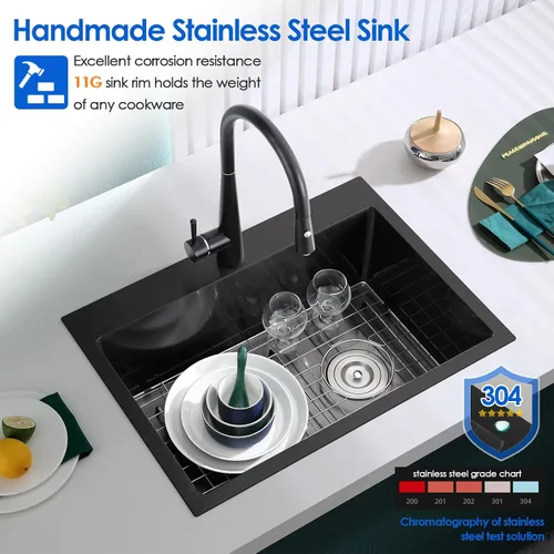 Miniatura 5 de Fregadero de cocina empotrable de 22 x 18 x 9 pulgadas, fregadero de acero inoxidable 304 negro hecho a mano, desagüe descentrado, esquina de radio