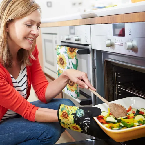 Miniatura 2 de Leinuosen 6 paños de cocina clásicos de girasol, juego de decoración y accesorios para la cocina, diseño floral de plantas, juego de guantes