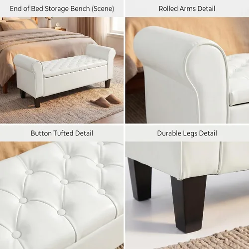 Miniatura 6 de ECOTOUGE Banco otomano de almacenamiento de 55 pulgadas para sala de estar, banco de pie de cama con brazo enrollado, otomano de cuero con Blanco