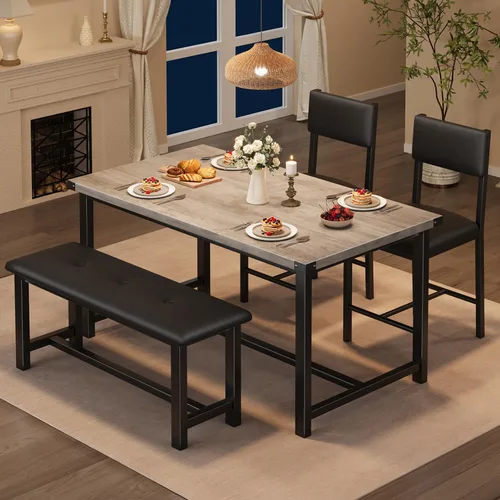 Miniatura 12 de GarveeHome Juego de mesa de comedor para 4, mesa de cocina con 2 sillas tapizadas y banco, juego de comedor de cocina de madera, para espacios