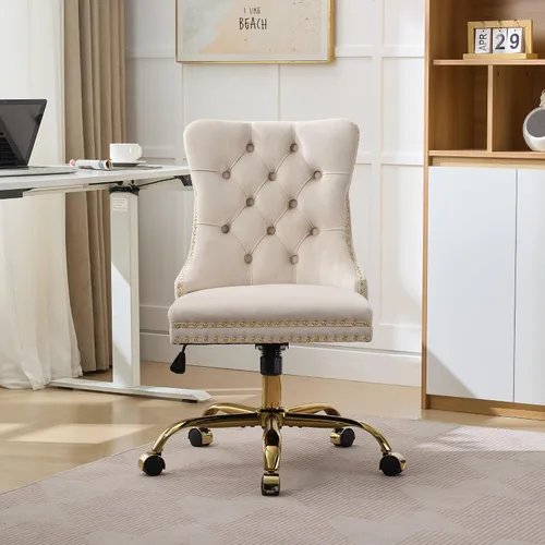 Miniatura 8 de Silla de tocador con respaldo cómodo, silla de oficina en casa con base de metal dorado, sillas modernas tapizadas de terciopelo, sillas de Beige