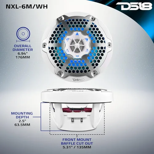 Miniatura 6 de DS18 Hydro NXL-6M/WH - Par de altavoces coaxiales para parrilla de malla de alta gama, altavoz de automóvil de 2 vías con luces RGB integradas