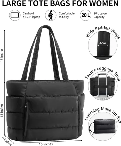 Miniatura 3 de Bolsa Tote Acolchada para Mujeres, Bolsa de Mano de Trabajo Ligera y Esponjosa para Maestras y Enfermeras, Bolsa de Hombro Acolchada para Escuela