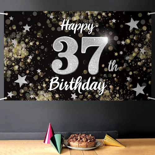 Miniatura 5 de Decoración de feliz cumpleaños 37, cartel grande de fondo de cumpleaños de 37 años con estrella de ensueño negro y plateado – Decoración de fiesta