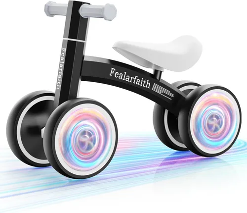 Bicicleta de equilibrio para bebés de 1 año, niños y niñas, primera bicicleta para niños con 4 ruedas de iluminación colorida | Bicicleta de 28-negro