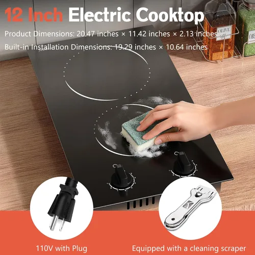Miniatura 7 de Hobsir - Placa eléctrica de 2 quemadores de 110 V, estufa eléctrica enchufable, estufa eléctrica de 2000 W, encimera de 12 pulgadas y placa