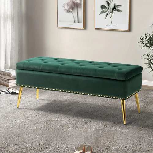 Miniatura 18 de HULALA HOME Moderno banco otomano de almacenamiento de terciopelo con base dorada y borde de cabeza de clavos, banco tapizado para dormitorio