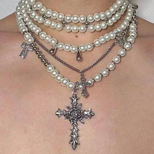 Miniatura 6 de Collar de perlas en capas con cruz gótica, collar apilado de perlas para mujer