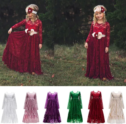 Miniatura 7 de Vestido de primera comunión con encaje blanco para niñas, boda, dama de honor, fiesta, bautizo, princesa, Aline, bohemio, rústico, baile, Blanco