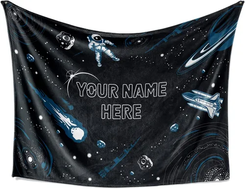 Miniatura 9 de Manta personalizada con diseño de cohete para niños, bonita manta con nombre personalizada para niños y niñas, divertido espacio exterior, galaxia