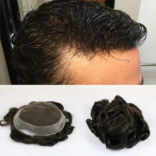 Miniatura 9 de SIMBEAUTY Encaje francés con base australiana con poliuretano alrededor de los hombres, peluca de cabello humano cómoda onda, sistema de reemplazo