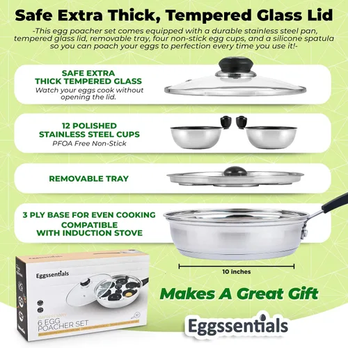 Miniatura 6 de Eggssentials Fabricante de Huevos Escalfados Sartén para Huevos Escalfados de Acero Inoxidable de Grado Alimenticio Libre de PFOA con Espátula