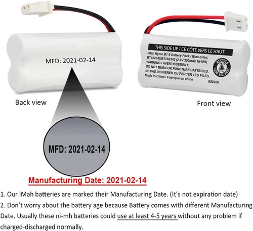 Miniatura 2 de iMah BT162342/BT262342 2.4V 300mAh Ni-MH - Batería inalámbrica para teléfono, también compatible con BT183342/BT283342 AT&T EL52351 TL90070 VTech