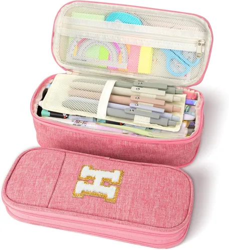 Miniatura 14 de Estuche de lápices de gran capacidad color rosa, lindo estuche de lápices con cremallera para niñas y mujeres, bolsa de lápices expandible