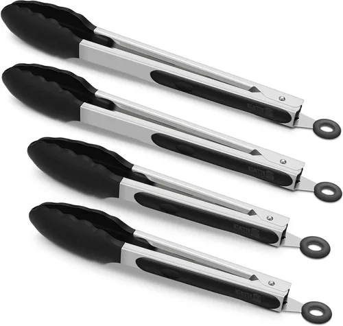 Paquete de 4 pinzas de cocina negras, de silicona de alta calidad, sin BPA, antiadherentes, acero inoxidable, para barbacoa, para cocinar, asar a la