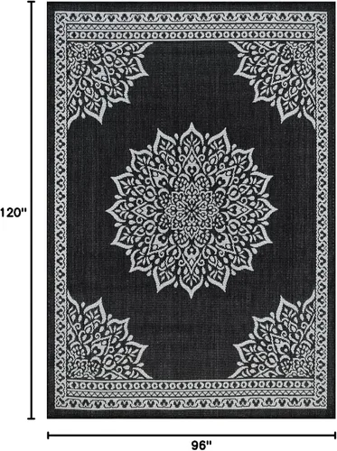 Miniatura 2 de CAMILSON Alfombra para Exteriores, 8x10 Medallón Negro Blanco Alfombras de Área Modernas para Patios Interiores y Exteriores, Alfombras de Cocina