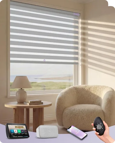 Miniatura 27 de Graywind Persianas motorizadas de cebra para ventanas, persianas inteligentes 100 % opacas con control remoto, persianas de cebra personalizadas
