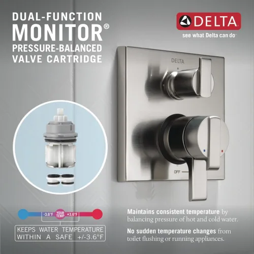 Miniatura 5 de Delta Faucet T27867-SS Ara Angular Modern Monitor 17 Series válvula de control con desviador integrado con 3 modos Cromo