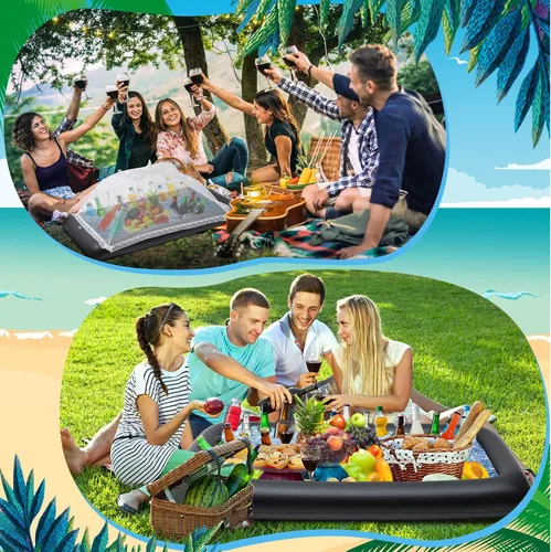Miniatura 6 de Leitee Kit de barra inflable de 3 piezas, incluye bandeja de buffet de ensalada con tapón de drenaje, cubierta de malla, recipientes de bebidas
