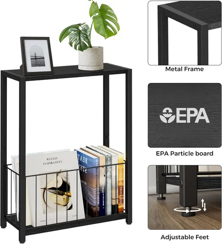 Miniatura 5 de Homleke Juego de 2 mesas laterales estrechas con soporte para revistas, mesas auxiliares delgadas perfectas para espacios pequeños, diseño que Negro