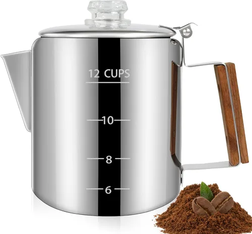Miniatura 10 de Percolador de 6 Tazas de Acero Inoxidable 304 Cafetera Máquina de Café con Mango de Madera Sólida Perilla Transparente Estufa Greca Mocha