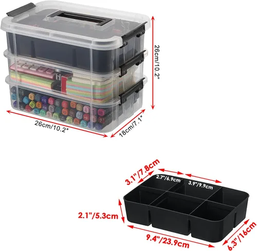 Miniatura 4 de JUXYES Paquete de 2 Cajas de Almacenamiento Apilables y Portátiles de 3 Niveles con Bandeja Dividida, Contenedor de Almacenamiento Apilable