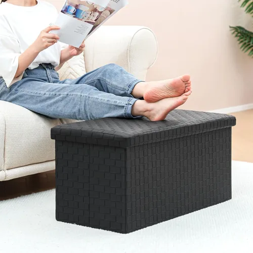 Miniatura 2 de B FSOBEIIALEO Taburete plegable de piel sintética, reposapiés de banco largo, caja de juguetes, color negro, 30.0 x 15.3 x 15.2 in