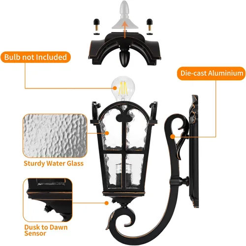 Miniatura 3 de Lámpara romana negra para exteriores, lámpara de pared de 17.7 pulgadas de alto del atardecer al amanecer, lámpara de pared impermeable para porche