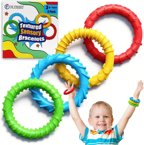 Flyaway Paquete de 4 pulseras sensoriales para niños con autismo, TDAH, ansiedad, textura, silicona, ayuda motora oral, juguetes sensoriales para