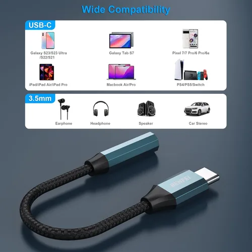 Miniatura 5 de BENFEI Adaptador USB C a conector de audio con chipset DAC, USB-C a auriculares hembra de 0.138 in compatible con iPhone 15 Pro Max/15 Pro/15