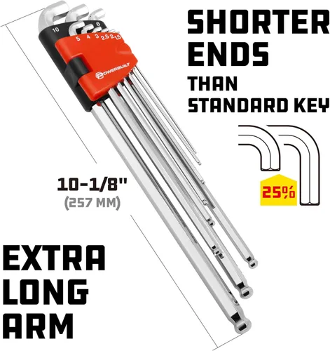 Miniatura 2 de Powerbuilt Juego de llaves hexagonales de extremo de bola de brazo largo métrico de 9 piezas, llave Allen, brazo extralargo, extremo de bola
