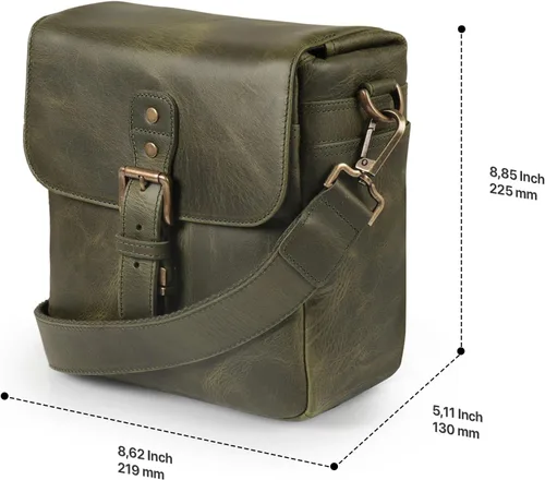 Miniatura 5 de Bolso bandolera para cámara de piel auténtica MegaGear, para cámaras mirrorless, dispositivo electrónico portátil Caqui Verde