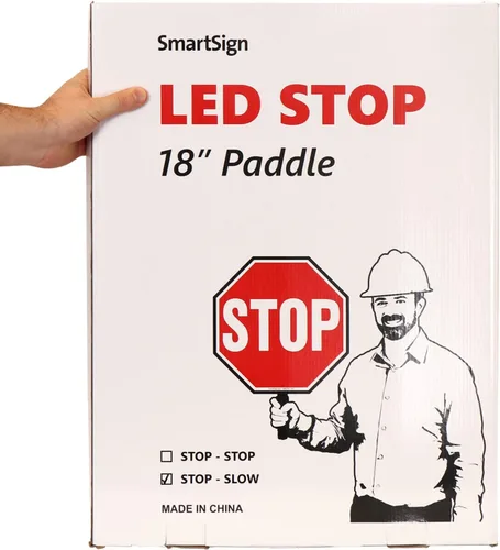 Miniatura 3 de SmartSign Paleta LED STOP SLOW – Señal de parada lenta reflectante de mano con asa, 18 pulgadas de doble cara, modos de luz LED