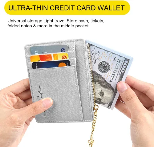 Miniatura 59 de URAQT Cartera para tarjetas de crédito, cartera minimalista de cuero delgado con cremallera, mini protector de tarjeta de crédito, llavero bolsillo