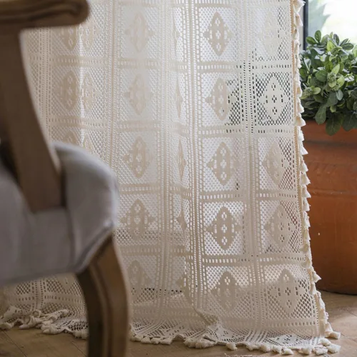 Miniatura 5 de Bringsine - Cortinas de crochet bohemias de algodón para sala de estar, cortinas de ventana para dormitorio con oscurecimiento, cortina