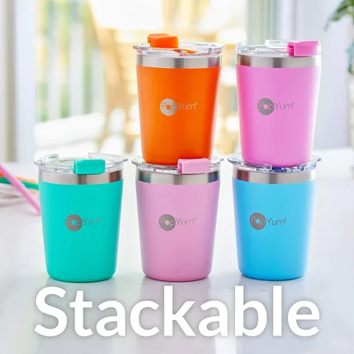Miniatura 7 de PopYum - Vasos de acero inoxidable para niños, 9 onzas, morado, rosa, paquete de 2 Aislado, aspiradora de doble pared, tapa y pajilla, apilable, a