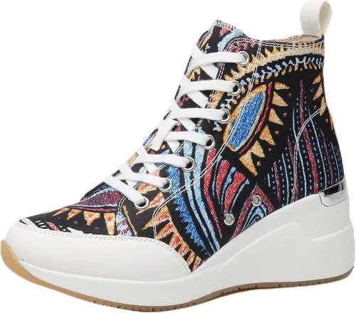 Cestfini Graffiti - Tenis altos para mujer, transpirables, color blanco y negro, con plataforma, con cordones, zapatos de lona para mujer