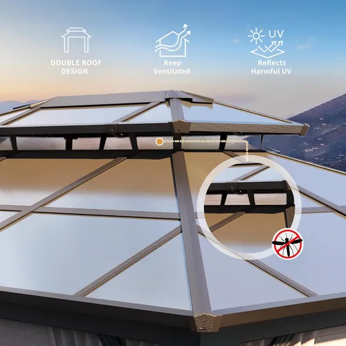Miniatura 3 de YOLENY Cenador de techo duro de 10 x 13 pies, toldo de policarbonato para exteriores con techo doble, pabellón permanente de aluminio con cortinas