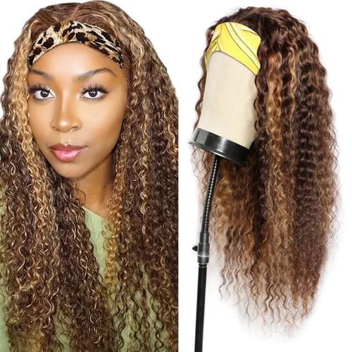 Miniatura 37 de Peluca de cabello humano con diadema de ondas profundas, sin pegamento, pelucas de cabello rizado sin encaje frontal, pelucas de cabello humano