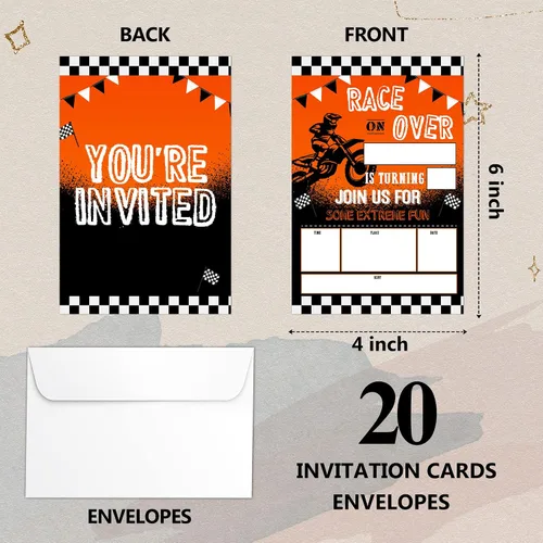 Miniatura 2 de Tarjetas de invitaciones de cumpleaños de motocross con sobres (20 unidades), suministros de fiesta de cumpleaños de motocross, invitaciones
