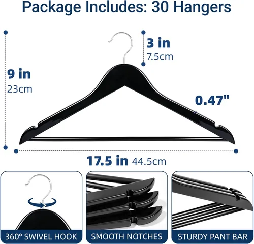 Miniatura 2 de Amber Home Solid Wood Suit Coat Hangers 30 Pack, Smooth Black Finish Wooden Dress Hangers with Non Slip Pant Bar, Clothes Hangers with 360 Swivel