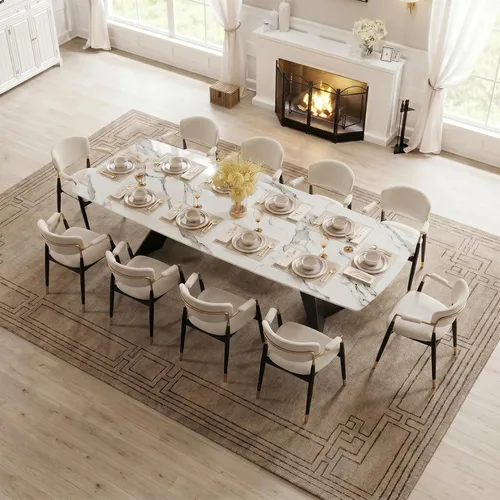 Miniatura 19 de Mesa de comedor extensible con extensión, 65"-95" piedra sinterizada rectangular, superficie con aspecto de mármol, para 6-12 personas, base