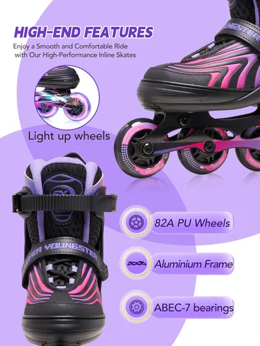 Miniatura 5 de SUPER YOUNGSTER Patines en línea para niñas, niños y niños de 4 a 12 años, patines ajustables con luces para jóvenes y adolescentes de 8 a 12 años