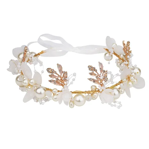 Didder Tiara de flores para niñas y mujeres – Diadema diadema corona con perlas de cristal – Accesorios para el cabello de boda para novia Blanco