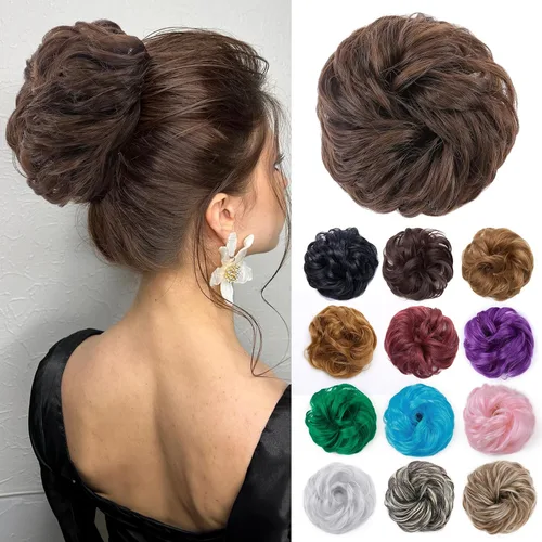 Miniatura 47 de Benehair Moño desordenado, pieza de pelo recogido para mujer, esponjoso, ondulado, moño con dona, moño sintético con banda elástica de goma