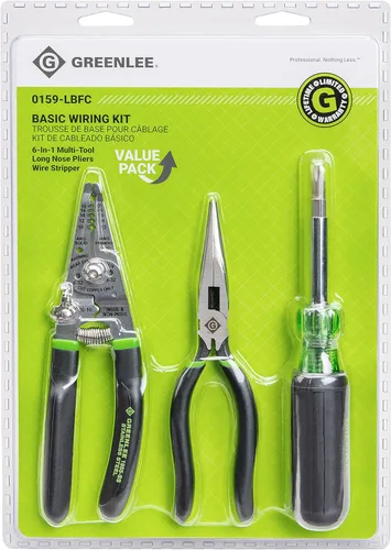 Greenlee, 0159-LBFC, kit de herramientas para electricista de 3 piezas con pelacables de acero inoxidable y crimpadora de cables, destornillador
