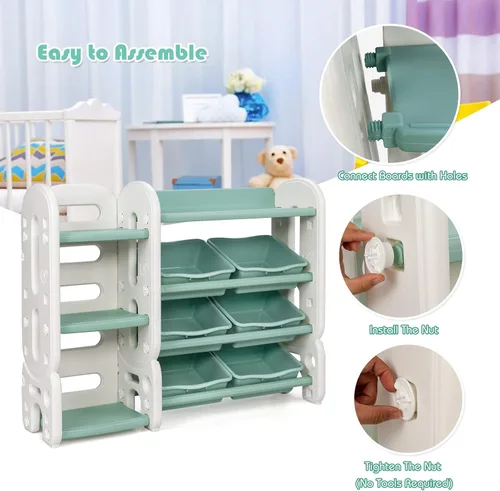Miniatura 7 de HONEY JOY Organizador de almacenamiento de juguetes para niños de 4 niveles con 6 contenedores, unidad de almacenamiento de juguetes 2 en 1 con Verde